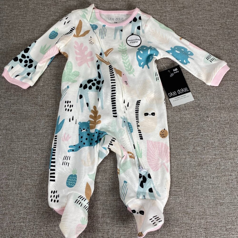 NB Baby Okie Dokie One Piece Baby Newborn Multicolor Animal Graphic NWT